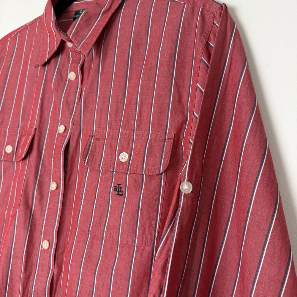 Lauren Ralph Lauren Red Button Up Striped Shirt USA Vintage Cotton Women’s M